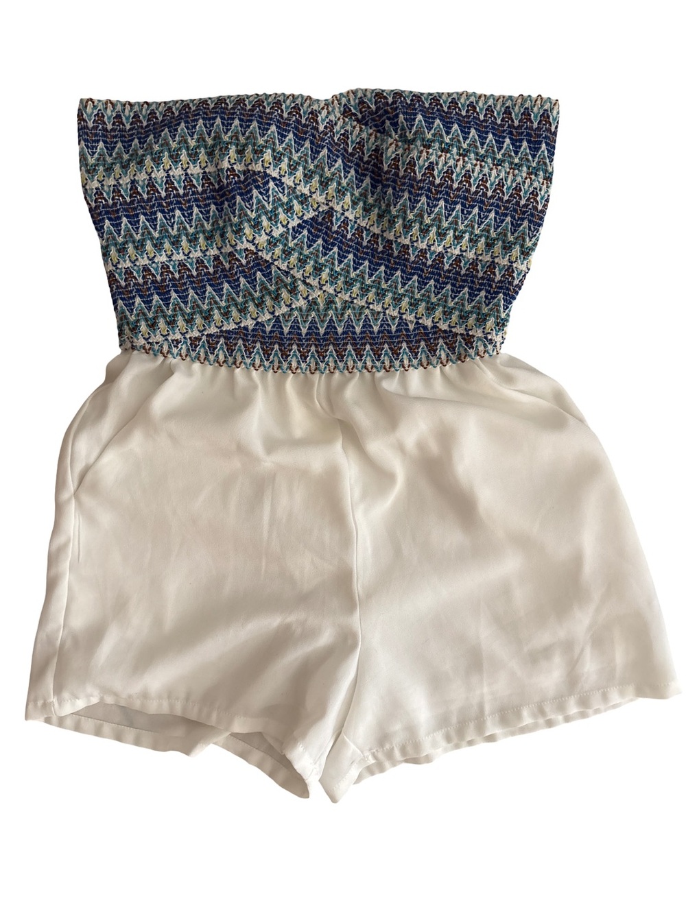 2B Bebe Blue Patterned Smocked Bodice White High-Waist Shorts Romper
